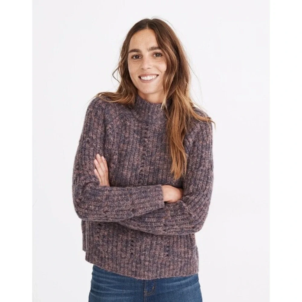 Madewell NWT Pointelle Mockneck Pullover Sweater Size XS Purple Wool Blend Knit